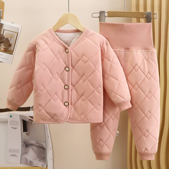 Baby boneless thermal underwear for boys and girls autumn and winter home clothes thickened pajamas baby cotton belly protection set