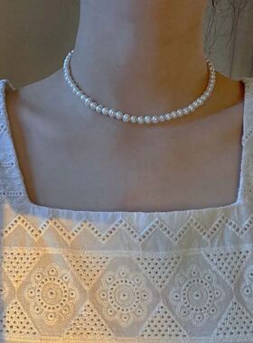 Vintage White Imitation Pearl Chain Choker Necklace for