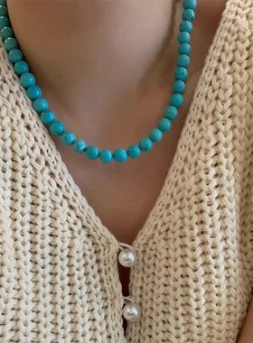 蓝松石圆珠串珠项链锁骨链手链手饰高级简约锁骨链叠戴颈链