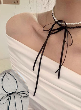 2024早春韩国新款y2k甜酷少女风芭蕾风丝带蝴蝶结珍珠项链双层链