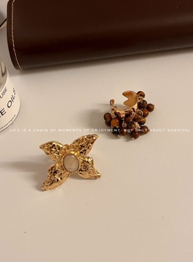 欧美ins风个性夸张金属肌理感戒指 美拉德虎眼石蝴蝶翅膀叠戴指环