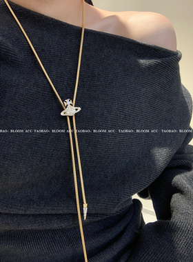 钛钢不掉色镶钻土星星球吊坠项链抽拉领带结链长款蛇骨链毛衣链女