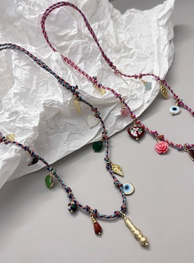 复古民族风彩色编绳多元素吊坠精致手工项链少女风重工可调节项链