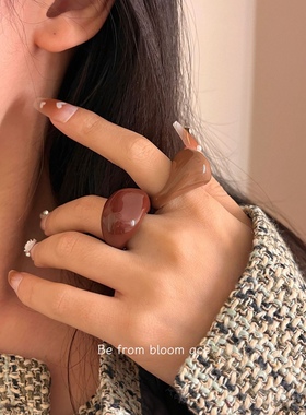 法式轻奢巧克力色珐琅滴油戒指女 ins甜酷辣妹风温柔百搭食指指环
