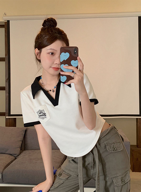 学院风复古正肩polo衫不规则撞色短袖t恤女夏宽松设计感小众短款