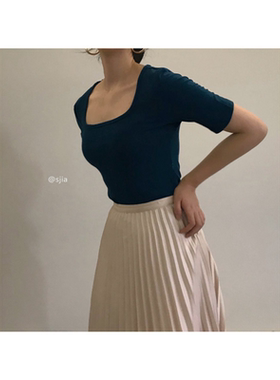方领锁骨上衣短袖T恤女复古法式夏修身设计感小众孔雀蓝短款小衫