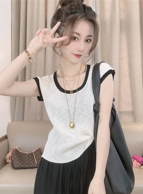 撞色薄款冰丝针织衫女短袖t恤2025新款夏季洋气减龄百搭针织上衣