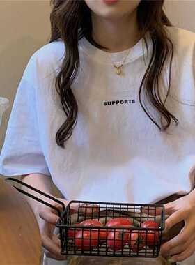 宽松红色短袖T恤女夏季新款洋气别致独特字母印花设计感小众上衣