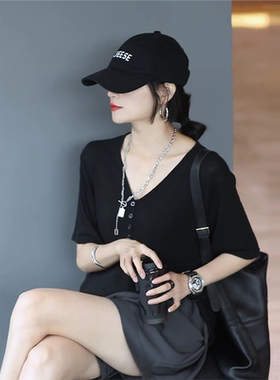 潮牌冰丝v领短袖t恤女2025新款夏季薄款罩衫百搭宽松慵懒垂感上衣