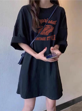 纯棉黑色短袖T恤裙女2025年夏季大码胖mm宽松休闲中长款连衣裙女