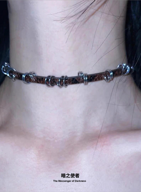 y2k千禧辣妹裂纹皮带choker项圈女亚文化朋克甜酷棕色项链锁骨链