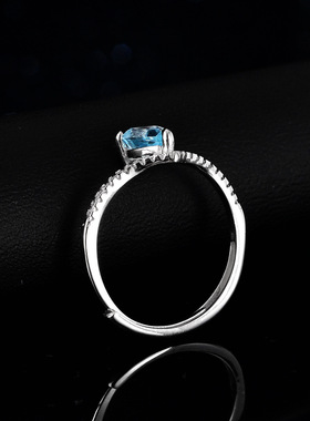 蓝托帕石莫桑石戒指925纯银镀PT950 铂金1克拉水滴梨形V皇冠异形