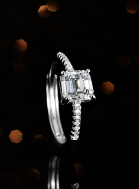 蓝托帕石925纯银镀PT950 铂金莫桑石戒指1克拉公主方正方异形女戒