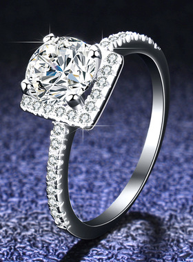 S925纯银1克拉莫桑石镀PT950 铂金戒指方形闭口款群镶嵌简约四爪