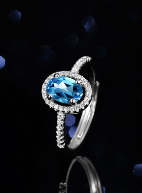 蓝托帕石925纯银镀PT950 铂金莫桑石戒指1克拉公主蛋形圆包异形戒