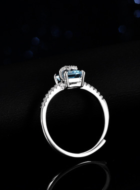 天然蓝托帕石925纯银镀PT950 铂金莫桑石戒指1克拉公主长方异形戒
