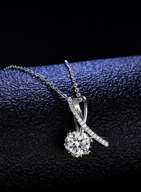 s925纯银镀PT950 铂金吊坠1克拉莫桑石项链女款时尚经典交叉饰品