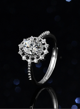 蓝托帕石925纯银镀PT950 铂金莫桑石戒指1克拉扭线蛋形圆包异形戒