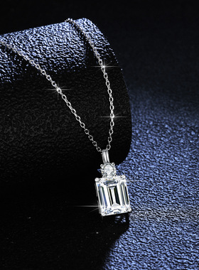 S925纯银镀PT950 铂金项链女祖母绿切莫桑石方形满钻锁骨链饰品