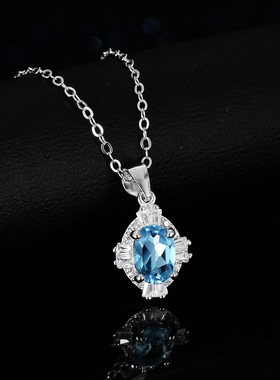 天然蓝托帕石莫桑石项链吊坠925纯银镀PT950 铂金1克拉蛋形锁骨链