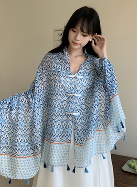 蓝色民族风围巾盘扣披肩薄款外搭丝巾女云南新疆旅游包头防晒纱巾