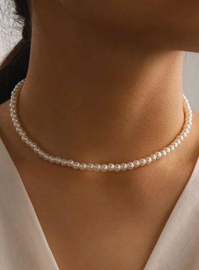 Beads Women's Neck Chain Kpop Pearl Choker Necklace Gold