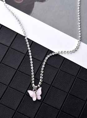 New Butterfly Pendant Choker Necklace Rhinestone Chain White