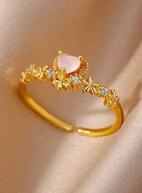 Opal Heart Rings for Women Gold Color Adjustable Stainless