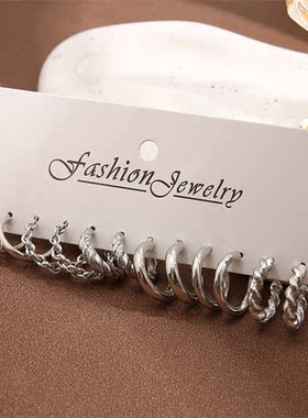 6pcs/set Silver Color Twist Hoop Earrings Set for Women