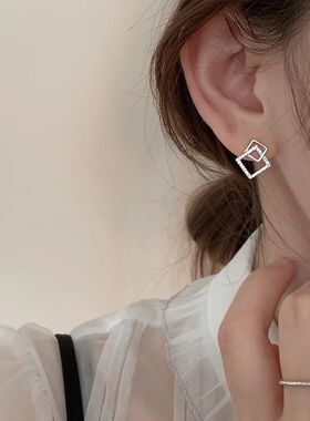Silver Needle Zircon Square Charm Stud Earrings For Women