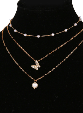 Fashion Butterfly Crystal Pearl Pendant Necklace Statement