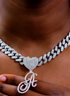 Hip Hop Unisex Bling A-Z Cursive Heart Letters Pendant