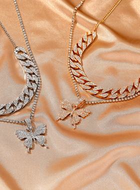 2023 Punk Cuban Double Layer Big Butterfly Pendant Necklace