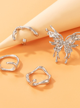 Punk Silver Color Liquid Butterfly Rings Set For Women