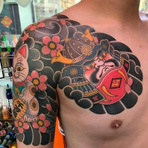 Old traditional half A dharma maegg cherry blossom tattooed with large arm and chest front male and female sashimi stickup property cat waterproof and persistent