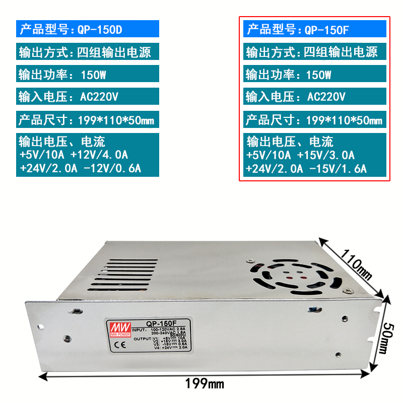 QP-150F开关电源 5V10A15V3A24V2A-15V0.6A四组多路直流输出电源-图3