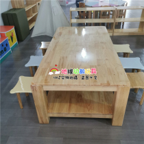 Kindergarten Oak Wood Double Layer Beauty Work Table Childrens Painting Room Class Table And Chairs Suit Wood Learning And Writing Fine Arts Long Square Table