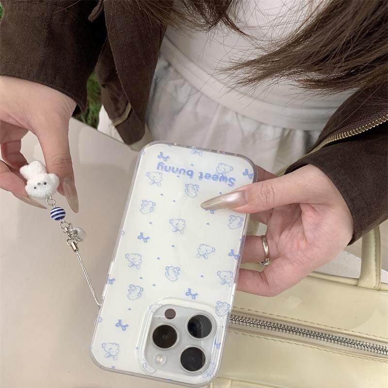 日韩ins可爱少女心奶呼呼蓝色线条兔子蝴蝶结手链16promax适用iphone15pro双层闪粉14手机壳苹果13保护套硬壳,淘宝优惠券,粉丝福利购,淘宝优惠卷