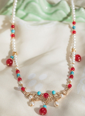 簪娘古风汉服配饰璎珞新中式复古仿蓝松石珍珠项链女中国风软璎珞