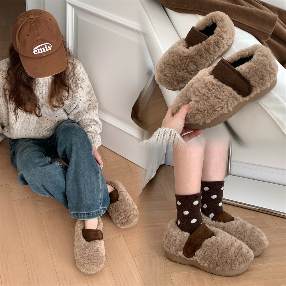 冬季女士时尚居家平底豆豆鞋防滑外穿保暖舒适毛绒绒撞色休闲棉鞋,淘宝优惠券,粉丝福利购,淘宝优惠卷