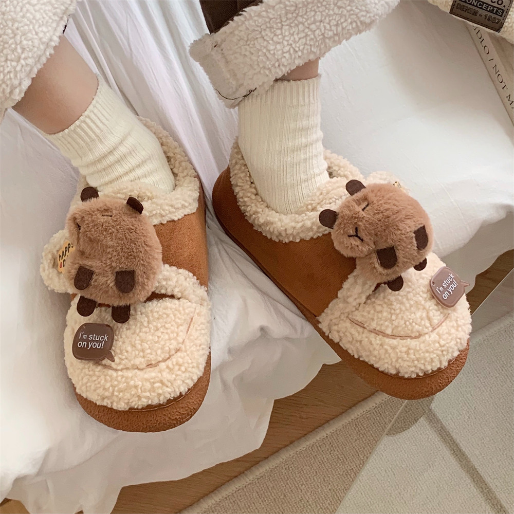 冬季可爱卡皮巴拉水豚魔术贴棉鞋休闲户外防滑保暖羊羔毛豆豆鞋女,淘宝优惠券,粉丝福利购,淘宝优惠卷