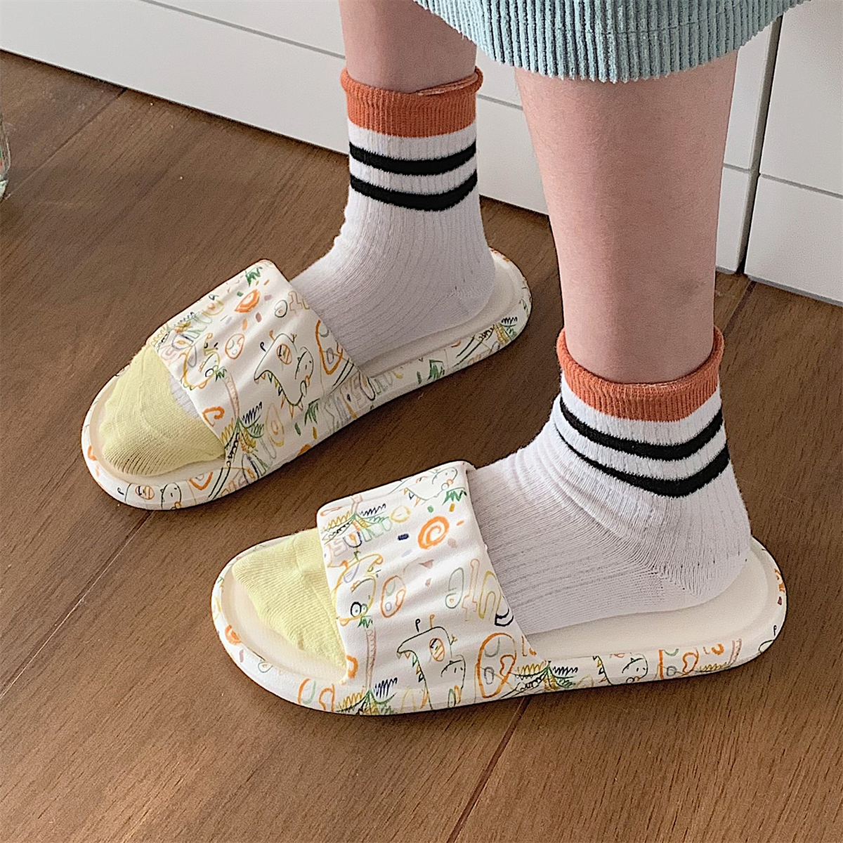 学生居家防滑防臭eva浴室拖鞋夏季新款韩版可爱童趣涂鸦凉拖鞋女 - 图2