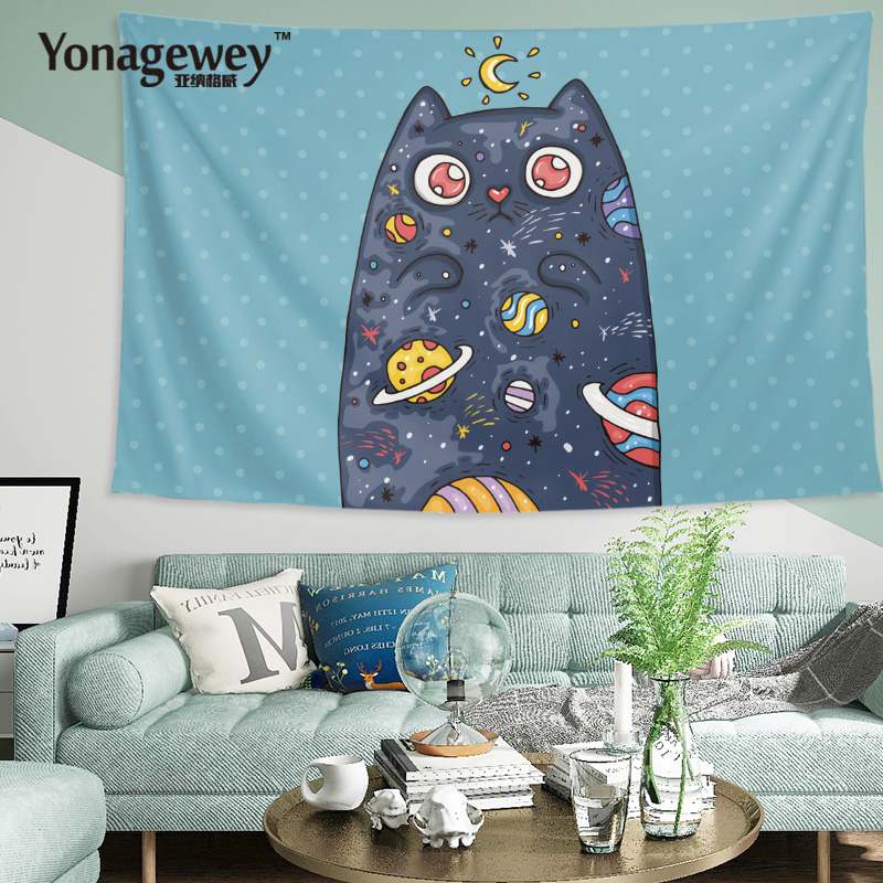 可爱猫咪喵星人手绘插画周边卧室咖啡厅装饰海报背景墙布挂布挂毯-图1