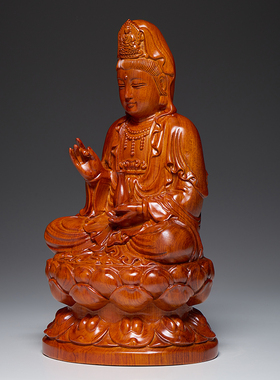 黑檀木雕观音佛像摆件客厅供奉家用红木坐莲观世音菩萨雕刻工艺品