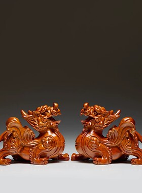 绿色纯木质貔貅摆件公母一对招财旺财聚财客厅家用办公室皮丘貔犰