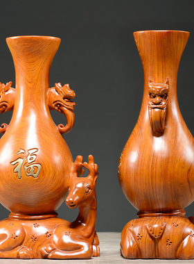 花瓶客厅装饰品动物结婚红木雕刻
