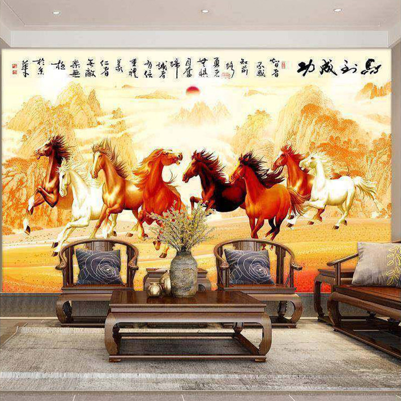八骏图3D立体新中式墙布客厅沙发电视背景墙壁纸马到成功定制壁画,淘宝优惠券,粉丝福利购,淘宝优惠卷