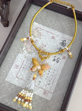 国风汉服富贵黄短款项圈提花纹样布艺蝴蝶璎珞项链可调节中式复古