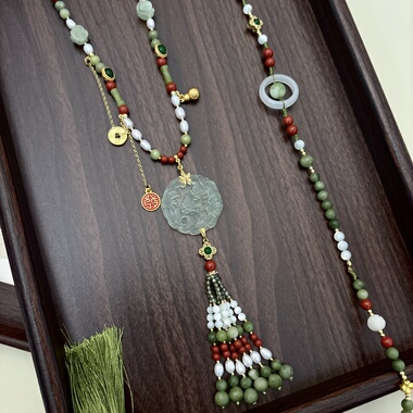 国风岫玉花牌淡水珍珠长璎珞背云富贵重工汉服项链唐宋制服装配饰