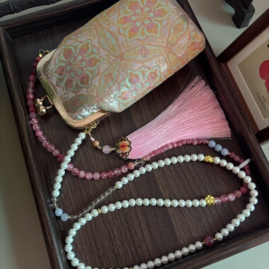 新中式国风纹样手机包古风汉服出行斜挎珍珠链条包包高级粉斜挎包